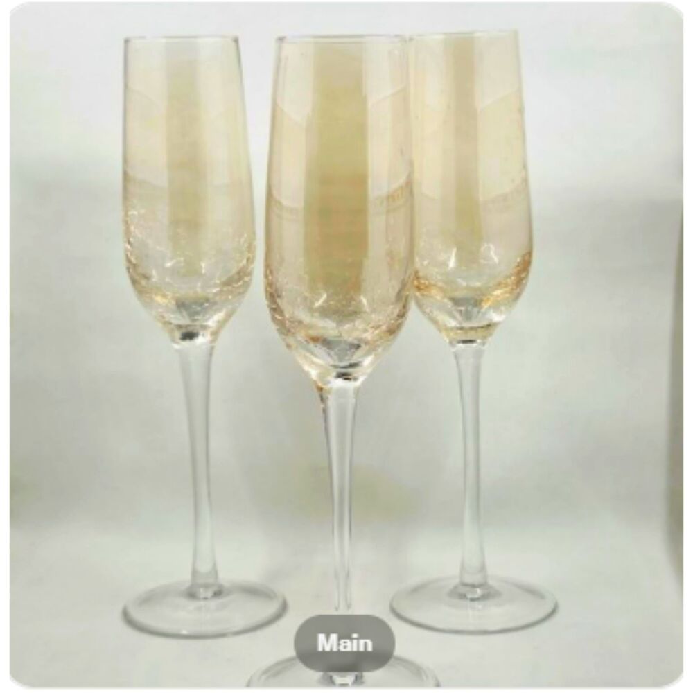 Pier 1 Crackle Glass Champagne Flutes Amber Golden Luster Set of 3 Long Stem